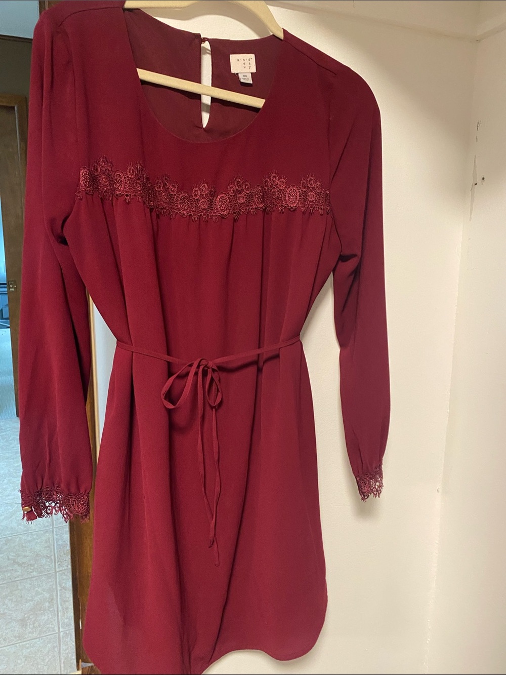 a new day Burgundy Lace-Trim Tie-Waist Long Sleeve Dress